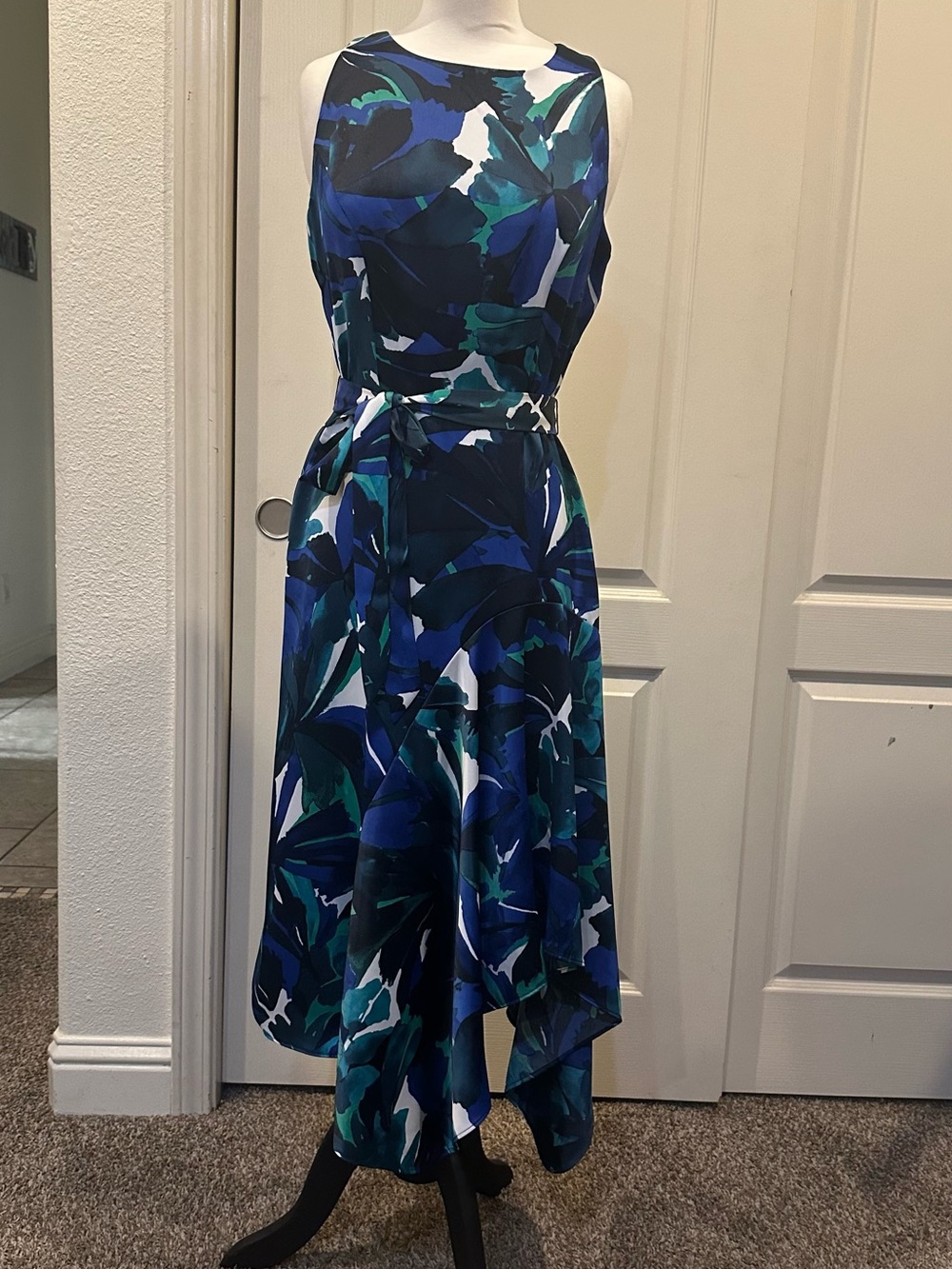 London Times Navy, Blue & Teal Asymmetrical Floral Dress